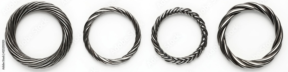 Fototapete set of twisted metal rings in chrome, silver color on white background. abstract frame border concep