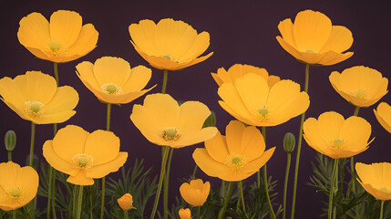 Yellow poppies bloom against dark background, garden setting, floral arrangement, website header