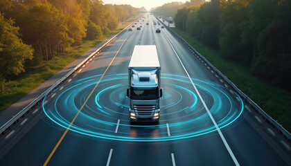 Illustration of autonomous truck driving on highway. Traffic sensors scan surroundings. Cargo delivery, future transportation powered by AI. Self driving vehicle on road.
