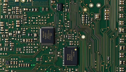 Electronic circuit board with chips close-up, showcasing advanced electronics and digital technology
