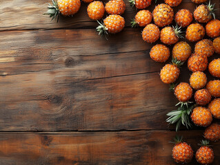 Fototapeta premium A vibrant array of juicy pineapples sprawls on the brown background, Tropical freshness and color. Generative Ai