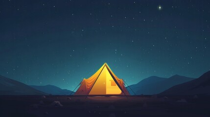 Bright Yellow Tent Under Starry Night Sky in Mountain Landscape