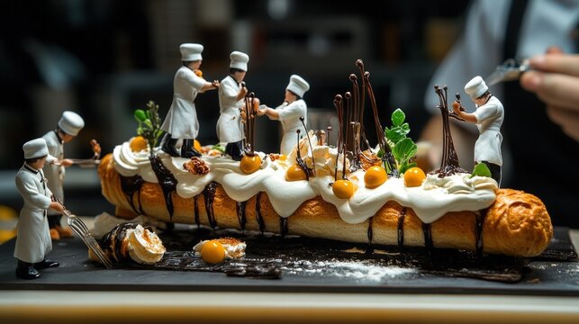 Miniature chefs decorate an eclair with cream and chocolate