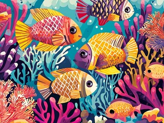 Illustrated poster tropical fish with intricate geometric scales swimming in a vibrant reef, Swiss