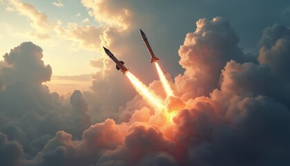 Fototapeta premium Illustration of military rockets launch above clouds sky. Missiles fire, leaving smoke, flames. Symbolizes missile attacks, air alerts, military defense, tech power.