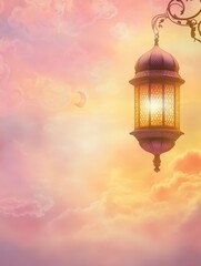 Obraz premium Glowing Ramadan Lantern Hanging Against a Serene Sunset Sky