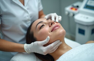 Young smiling woman gets facial laser hair removal epilation treatment at beauty clinic. Female client at face care therapy in spa salon. Beauty procedure for smooth skin.