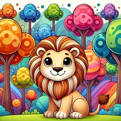 Cute Cartoon Lion in Fantasy Colorful Forest  Kids Illustration