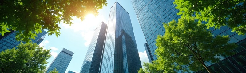 Sustainable glass office building surrounded by trees reduces carbon dioxide. Eco corporate buildings create green environment. Futuristic skyscraper architecture saves energy. Promoting business