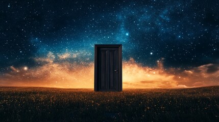 A mysterious dark door in a field under a starry sky beckons to the unknown