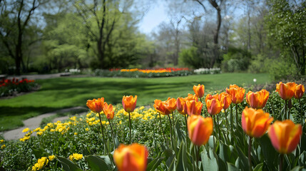 Bright orange and yellow flowers bloom in a lush garden surrounded by greenery during a sunny day in early spring