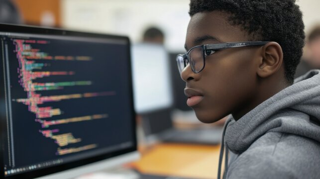 Focused African American teen coding, learning at computer, tech future