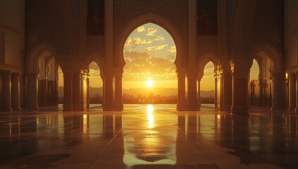 Sunset Mosque Interior Arches Reflection