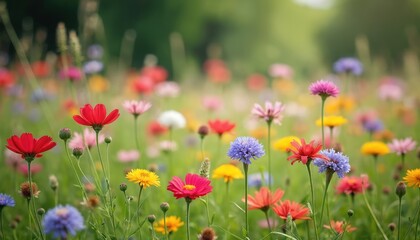 Colorful wildflowers meadow background. Summer sunlight outdoor in vibrant rich field. Yellow, white, purple, pink, red, orange, blue wildflowers bloom on idyllic grass land.