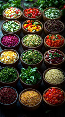 Assortment Of Colorful Salads And Sides In Wooden Bowls