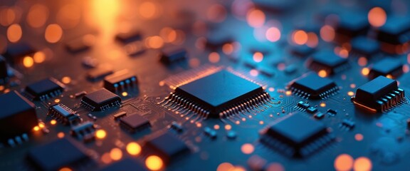 Abstract tech background. Modern technology featuring semiconductors microchips. Electronic circuit board with processor close-up. Futuristic innovation technologies, data processing, computer