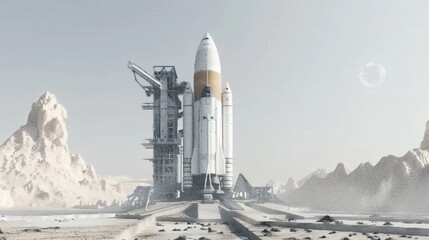 Naklejka premium Futuristic Space Rocket at Launch Pad on an Alien Landscape