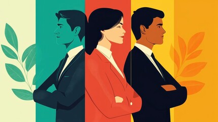 Responsible business practices poster flat design side view CSR theme cartoon drawing Triadic Color Scheme.
