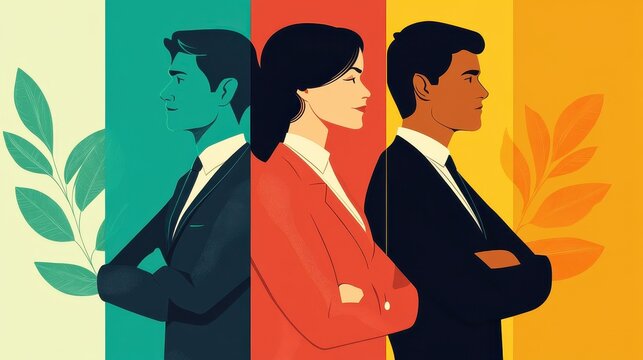 Responsible business practices poster flat design side view CSR theme cartoon drawing Triadic Color Scheme.