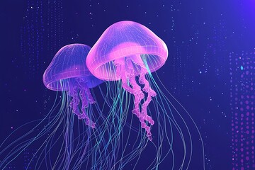Illustrated poster jellyfish with abstract geometric patterns glowing in a minimalist underwater scene, Swiss