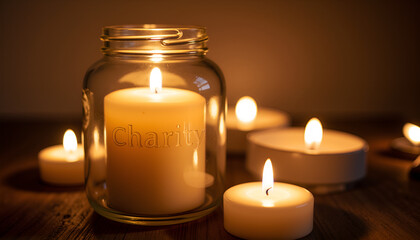 Candle with "Charity" label glowing in dim light, Candle with warm glow, International Day of Charity