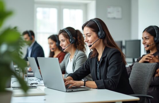 Diverse cheerful team works in modern call center. Young people use laptops with headsets. Positive corporate environment. Multiethnic coworkers in office provide online customer support service with