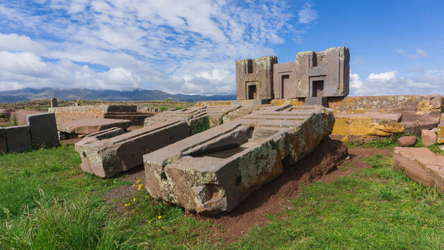 Tiwanaku archaeological site. Bolivia. Tiwanaku (or Tiahuanaco) is a pre-Columbian archaeological complex. Monumental structures and megalithic blocks. Pumapunku. Gate of the Puma.