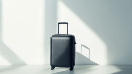 Minimalist Black Suitcase Standing Against a White Wall with Abstract Light and Shadow