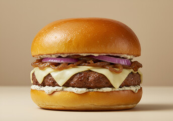 Hambúrguer Gourmet com Pão de Batata e Queijo Suíço sobre Fundo Neutro