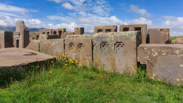 Tiwanaku archaeological site. Bolivia. Tiwanaku (or Tiahuanaco) is a pre-Columbian archaeological complex. Monumental structures and megalithic blocks. Pumapunku. Gate of the Puma.