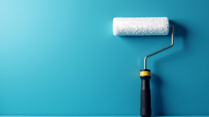 Minimalistic custom painting services banner with copy space, advertisement billboard for paint company with paint roller upright against a blue wall