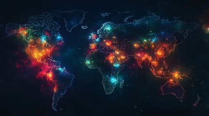 A vibrant world map with glowing cities and continents against a dark background