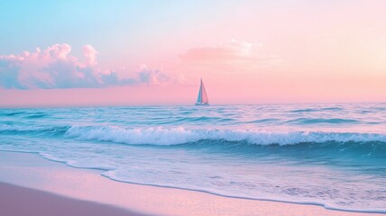 Water Color, Sailing adventure at dusk tranquil ocean waves nature photography serene beach scene aesthetic viewpoint dreamy atmosphere