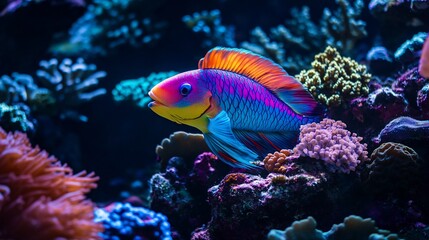 Fototapeta premium Vibrant Parrotfish swimming amidst colorful coral reef and marine life underwater