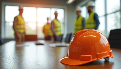 Orange hard hat on office desk. Construction team wearing safety vests discuss architecture project blurred background. Safety gear at workplace at meeting in company.