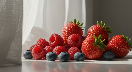 Fresh Assorted Berries Still Life with Strawberries, Raspberries, and Blueberries