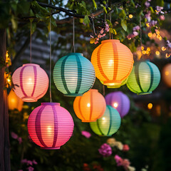 Fototapeta premium Colorful Paper Lanterns Hanging Outdoor Party Lights