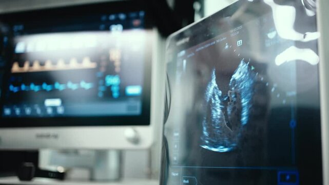 Ultrasound guidance during heart surgery. Concept: the use of advanced technology for precise monitoring and control during a critical surgical procedure. Perfect for medical and educational projects.