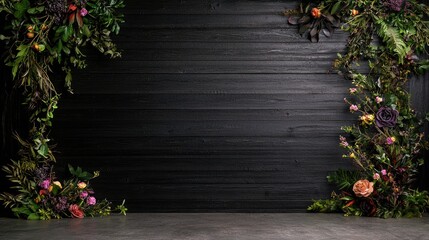 Naklejka premium Dark wood backdrop, floral frame, product display