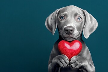 Fototapeta premium Weimaraner - my treasured dog. Ad visual idea. Cute weimaraner doggy with sparkling rhinestones red heart - emblem of love, funny greeting card. Red heart valentine photography. Dog and roses.