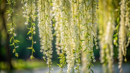 A close-up shot of a weeping willow branch with delicate white flowers and slender leaves