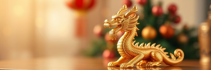 Obraz premium Golden dragon statue with a festive mood displaying cultural significance against a holiday backdrop