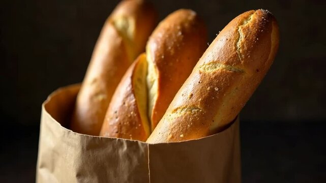 aromatic bread baguettes in a craft bag, three pieces, close-up