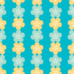 Five petals retro flowers surface pattern design. Yellow and green vintage floral seamless illustration background.