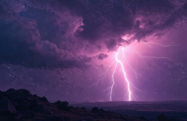 Thunderstorm with lightning strikes in night sky over land. Dark purple clouds with lightnings. Weather, climate and nature concept. Armageddon and end of the world.