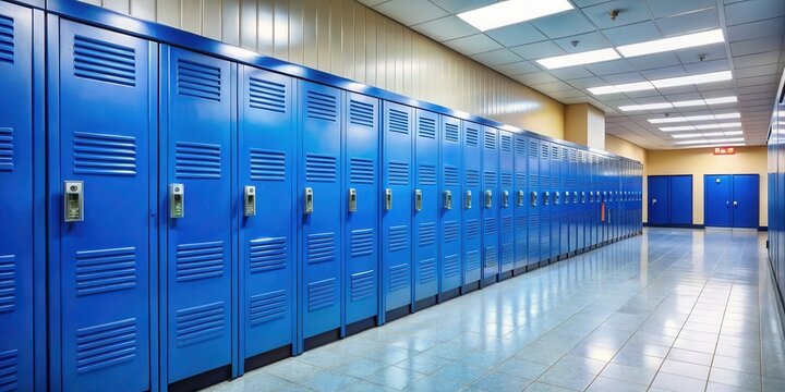 Blue metal lockers against a nondescript high school hallway with windows , educational