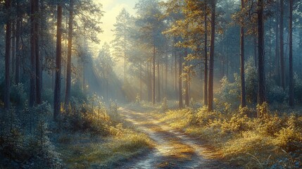 Obraz premium Serene morning walk in forest nature trail landscape photography misty environment tranquil viewpoint peaceful concept