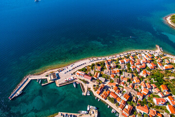 Top Down Aerial View of Sucuraj Harbor and Historic Village on Hvar Island, Croatia. Vibrant...
