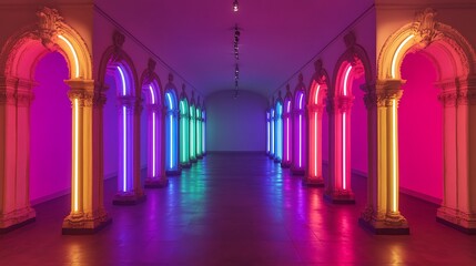 Obraz premium Neon Lights Illuminate Classical Columns In A Hallway
