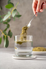 Moringa Matcha Wheatgrass Green Powder drink. Food supplement, healthy food lifesyle